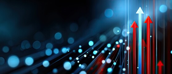 A dynamic abstract illustration featuring arrows and glowing dots, conveying growth and progress against a dark background.