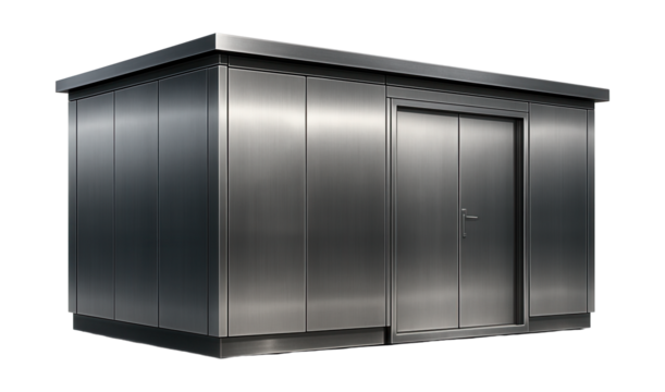 Modular service station structure with metal walls and entry doors.