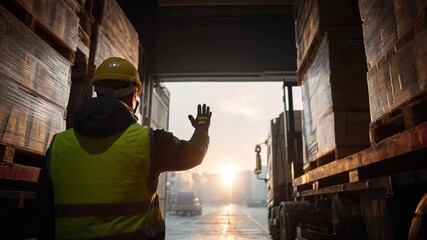 Logistics and Distribution: A worker in high-visibility attire stands amidst a bustling warehouse. The scene captures the essence of modern logistics, the movement of goods.