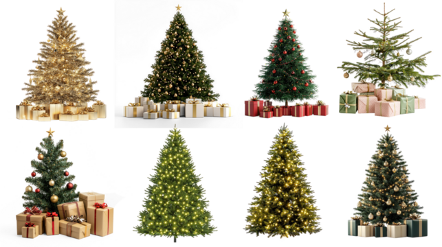 Collection of Christmas tree collection with various decorations and presents.