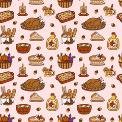 Thanksgiving Dishes, Desserts, and Drinks on Pink Seamless Pattern Design