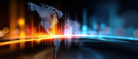 A vibrant digital representation of a world map with glowing light trails, suggesting technology, connectivity, and global communication.