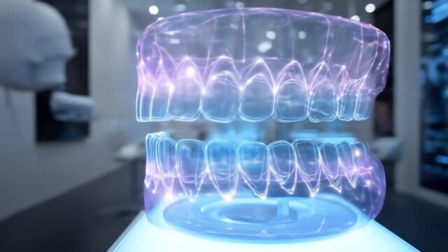 Futuristic, translucent dental arch model hovering on a glowing pedestal, in a clinical lab setting,
