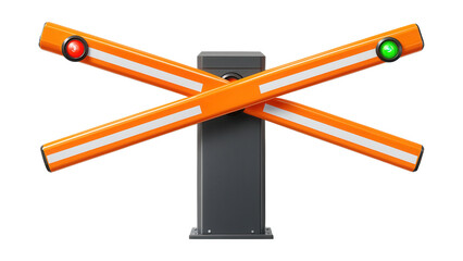 Dual-arm barrier with synchronized motion and signal indicators.