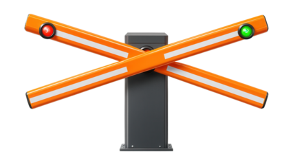 Dual-arm barrier with synchronized motion and signal indicators.