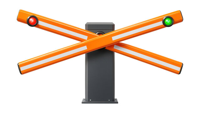 Dual-arm barrier with synchronized motion and signal indicators.