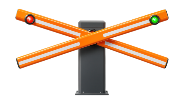 Dual-arm barrier with synchronized motion and signal indicators.