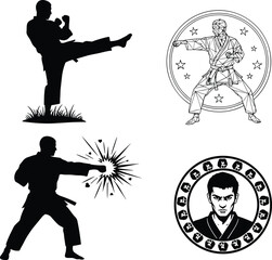 Martial arts illustration set, silhouette kicks, punches, emblem design, traditional stance, perfect for sportswear clipart, vector art, symbolic motion, athlete icon pack