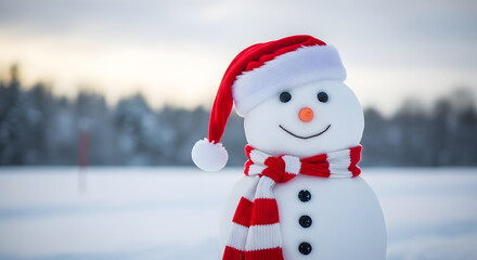 Fototapeta premium A cheerful snowman wearing a red Santa hat and a red and white striped scarf stands in a snowy field with blurry trees in the background. Snowman, Christmas, Winter, Cold. 