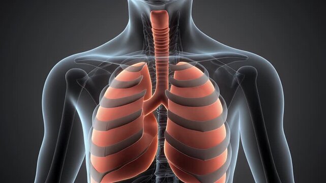 Anatomically correct 3D rendering of the human respiratory system, highlighting the lungs within the rib cage for medical study