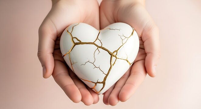 Hands gently holding a white heart object repaired with gold lines