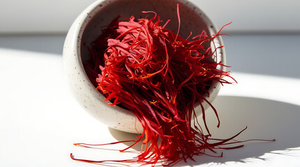 Saffron threads cascading from ceramic bowl, infusing culinary creations with luxurious flavor, perfect for gourmet chefs and food bloggers seeking vibrant images