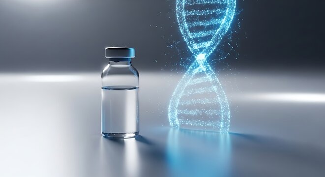 Vial next to glowing blue digital dna helix structure in laboratory setting - Powered by Adobe