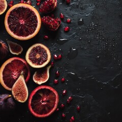 Sliced blood oranges pomegranates and figs on wet slate with glistening juice for moody luxury food frame layout concept

