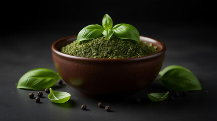 Aromatic basil in rustic bowl, fresh culinary herb for gourmet recipes and healthy eating, adds vibrant flavor to your cooking, perfect for food photography