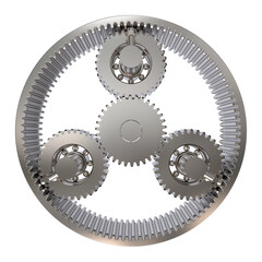 3D render of a planetary gear system with sun, planet, and ring gears. Symmetrical layout highlights mechanical precision, torque distribution, and compact engineering design.