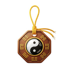 Traditional Bagua amulet featuring yin yang symbol with golden cord, representing balance, harmony, and spiritual protection, isolated on a transparent background, png, cutout.