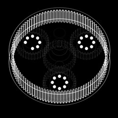 High-contrast schematic of a planetary gear system with sun, planet, and ring gears in symmetric alignment. Stylized white lines on black background emphasize mechanical precision and geometry.
