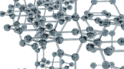 Futuristic lattice of metallic spheres and rods forming a molecular structure. Reflective surfaces and geometric symmetry evoke nanotech, atomic modeling, and high-tech material science.