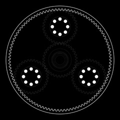 High-contrast schematic of a planetary gear system with sun, planet, and ring gears in symmetric alignment. Stylized white lines on black background emphasize mechanical precision and geometry.