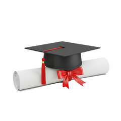 Black graduation cap paired with rolled diploma tied with a red ribbon, symbolizing academic honor and commencement celebration, isolated on a transparent background, png, cutout.