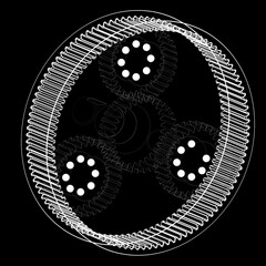 High-contrast schematic of a planetary gear system with sun, planet, and ring gears in symmetric alignment. Stylized white lines on black background emphasize mechanical precision and geometry.