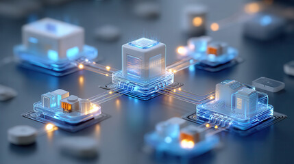 Futuristic digital network infrastructure with glowing data nodes connected by illuminated circuits in high tech environment
