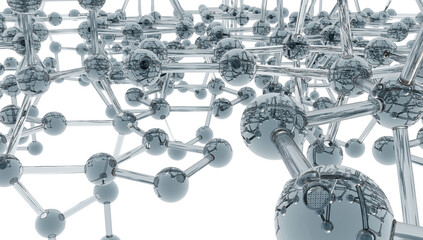 Futuristic lattice of metallic spheres and rods forming a molecular structure. Reflective surfaces and geometric symmetry evoke nanotech, atomic modeling, and high-tech material science.