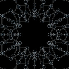 Radial molecular lattice of translucent spheres and lines forming a star-like geometric structure. Central void and polygonal symmetry evoke crystallography, nanotech, and abstract modeling.