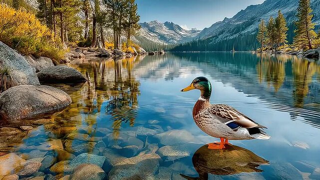 The duck paddled serenely across the pond, its vibrant feathers glistening in the sunlight as it quacked softly.