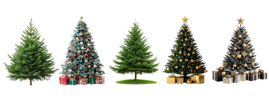 Collection of Christmas trees with decorations and presents in front of a white background.