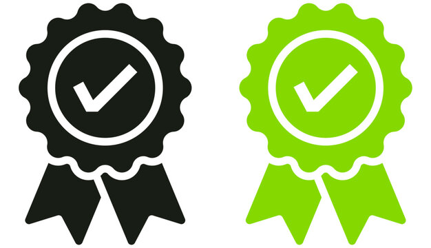 Award badge icons with check mark | verified award rosette icon with a checkmark tick symbol in black and green styles, symbolizing verified quality, approval, and certification