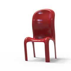 Glossy red plastic chair with smooth curves and high backrest. Seamless monoblock design emphasizes modern minimalism, ergonomic flow, and futuristic interior aesthetics.
