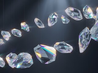 A Mesmerizing Cascade of Sparkling Crystal Fragments Gracefully Dancing in a Dramatic Spotlight Display Illustrating Opulent Luxury and Radiant Brilliance