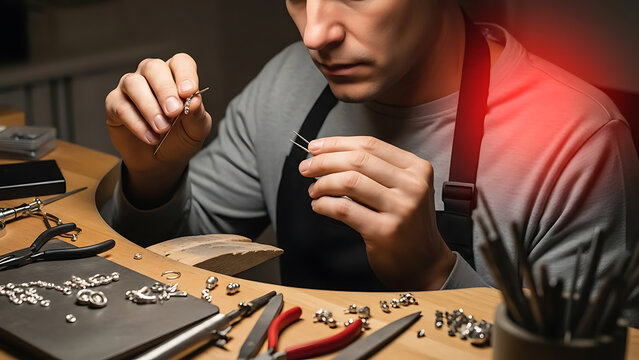 Focused Jeweler Crafting Intricate Metal Pieces in Professional Workshop