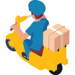 Man in Blue Uniform Riding Yellow Scooter with Cardboard Box on Back Delivery Service Transportation Urban Scene
