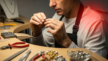 Professional jeweler meticulously crafting fine jewelry with tools in a workshop