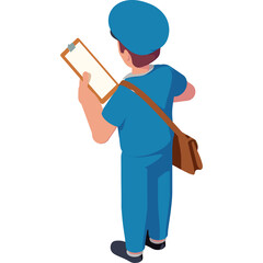 Male postal worker in blue uniform holding a clipboard and carrying a messenger bag on a transparent background