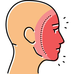 Medical illustration of a human head profile with highlighted red area on the face indicating pain or inflammation in pastel orange and pink tones on a transparent background