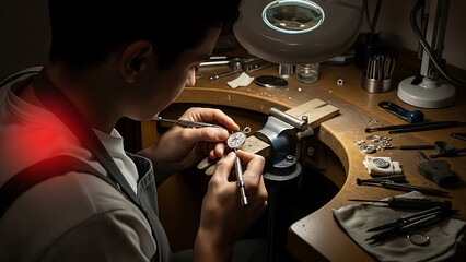 Precision craftsmanship: Jeweler meticulously working on intricate metal piece with specialized tools and magnifying lamp