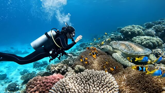Scuba Diver Exploring Coral Reef With Turtle and Colorful Fishes Underwater