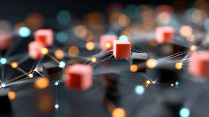 AI data hub concept with glowing red cubes connected by light lines, creating futuristic network with vibrant bokeh lights