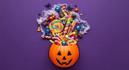 Assorted halloween candy fills a festive jack-o'-lantern bucket