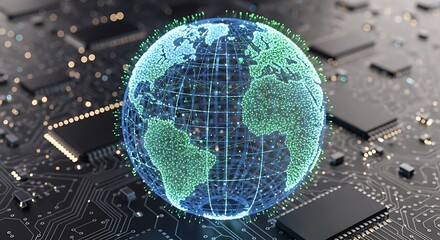 Digital Earth Globe with Global Network Over Circuit Board: AI, IoT & Big Data Technology Concept