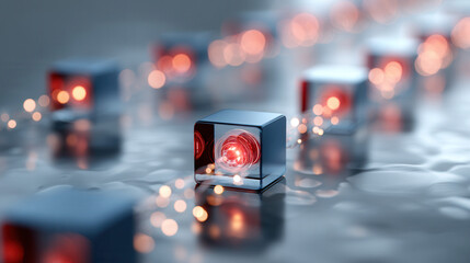 Digital cubes with glowing red cores on reflective surface create futuristic technology concept with soft bokeh lights