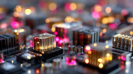 Futuristic circuit board with glowing components and vibrant bokeh lights creating high tech atmosphere