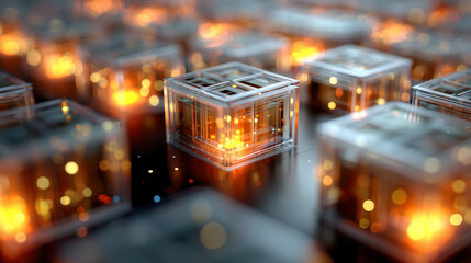 Transparent glowing cube with warm light inside, creating futuristic and vibrant digital technology atmosphere