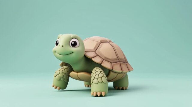 A cute cartoon green turtle with a light brown shell standing on a light blue-green background.
