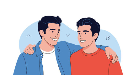 Fototapeta premium Two happy young male friends or brothers standing together and smiling with arms around each other's shoulders in friendship.