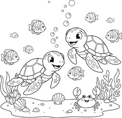 Black and White Coloring Page of Happy Sea Turtles: Cute Marine Animals Swimming with Fish, Crab, and Coral Underwater, Perfect for Kids Activity and Ocean Life